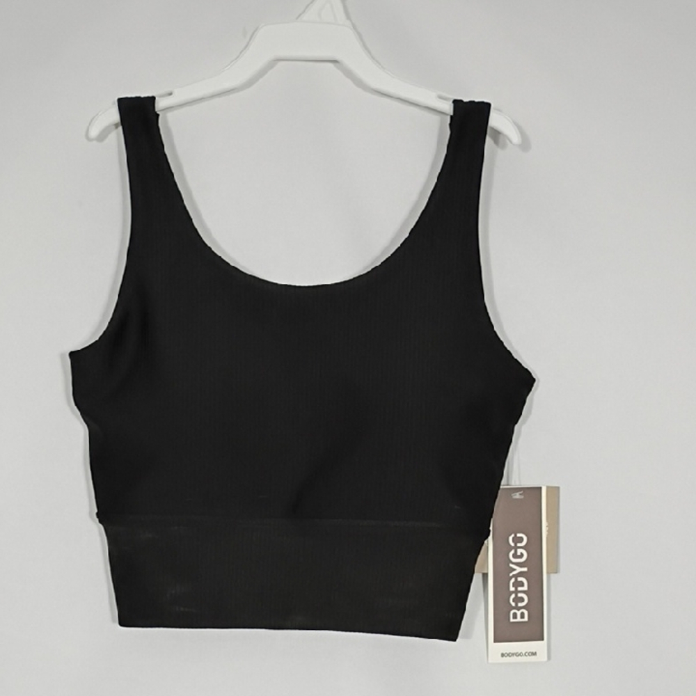 NWT Bodygo Black Ladies Rib Sports Bra Womens Size Small Recycled Materials
